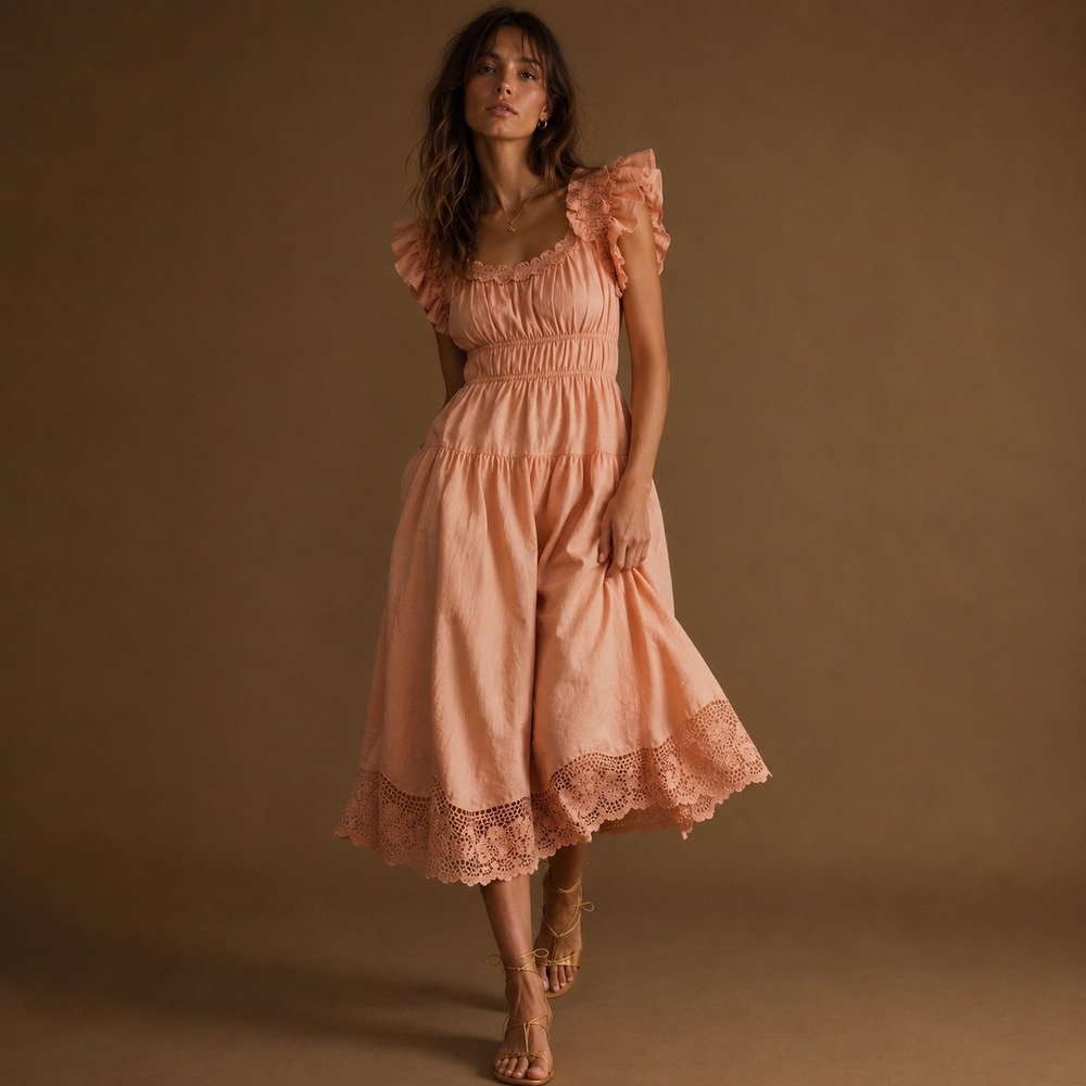 Ulla Johnson Linen Blend Smocked Waist Midi Dress Sz 4 Pink Clay